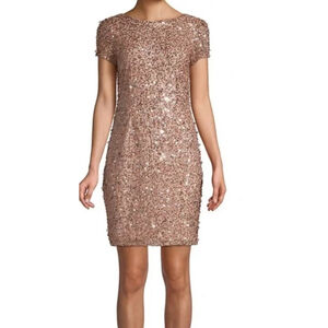 EUC Adrianna Papell Short Sleeved Beaded Sequin Dress Rose Gold Pink Size 2